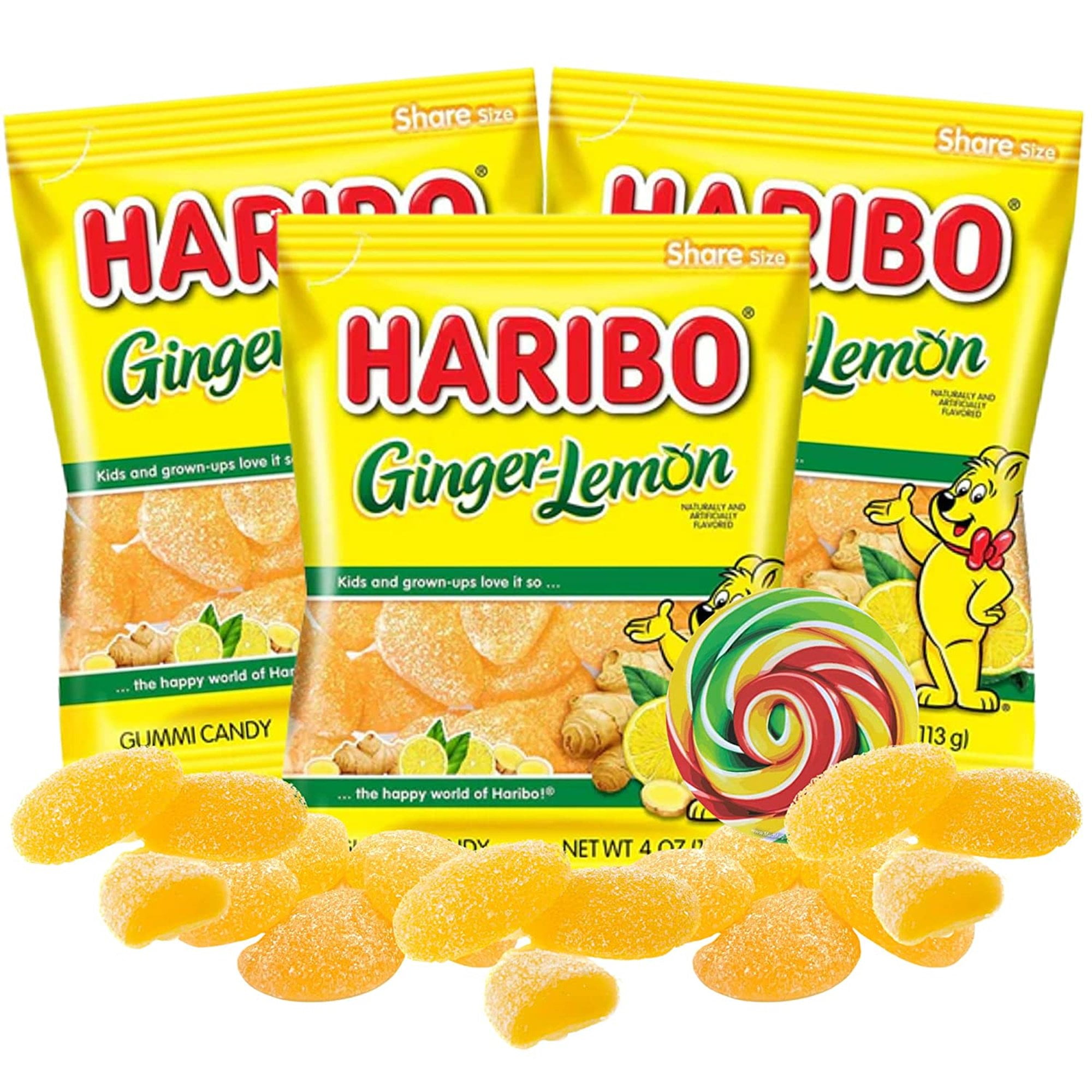 Haribo Lemon Ginger Chews Gummy Candy for Adults, Sugar Coated Flavored Gummies Shareable Snacks, Pack of 3, with Fridge Magnet, 5 Ounces
