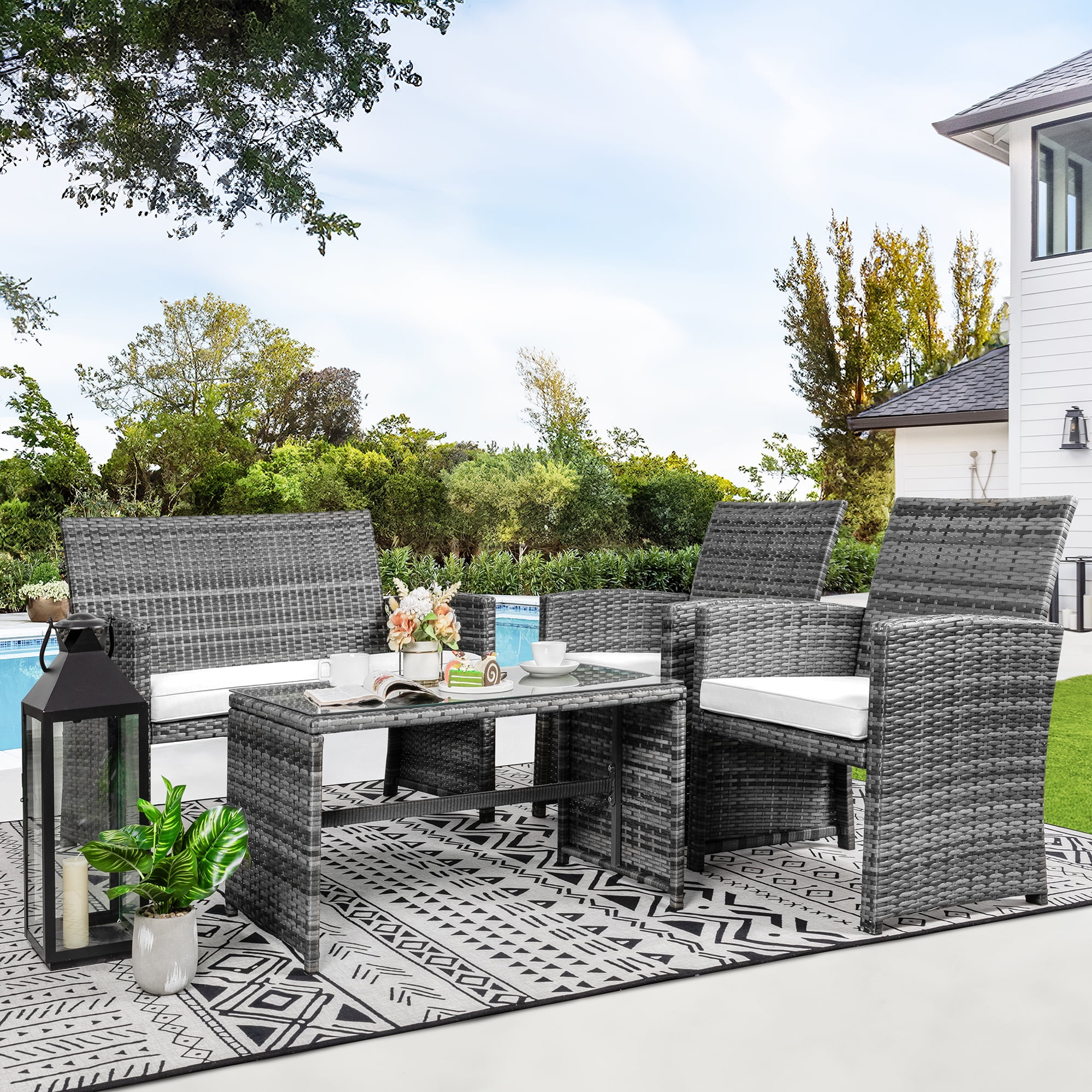 Walsunny Outdoor Patio Rattan Wicker Furniture Conversation Set 4 Piece with Cushions Tempered Glass Tabletop,White