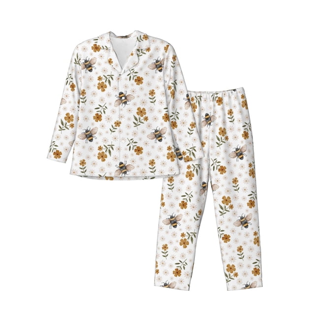 Balery Bees And Flowers Pijama para Hombre de Dos Piezas con Manga Larga, Conjunto de Dormir y Descanso Suave con Bolsillos-Medium