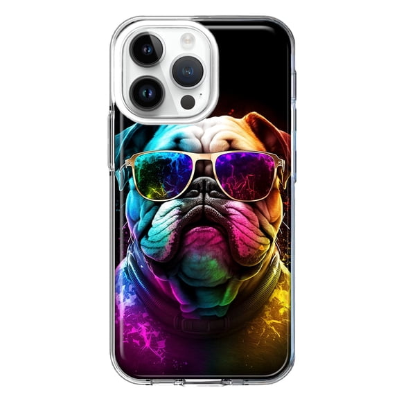 MUNDAZE Case for Apple iPhone 15 Pro Max Slim Hard Shell Soft TPU Hybrid Shockproof Heavy Duty Protective Phone Cover - Neon Rainbow Glow Bulldog
