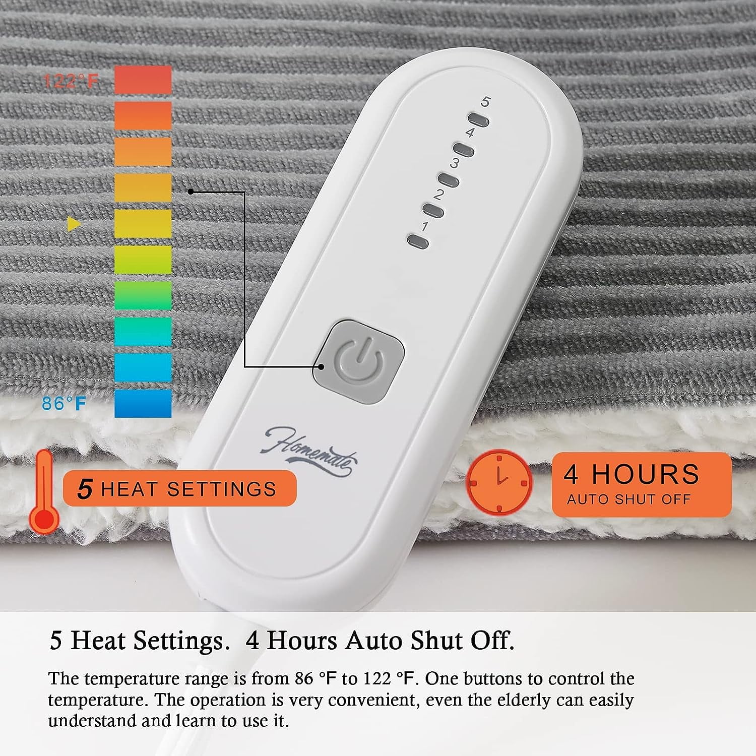 HomeMate Electric Heated Throw Blanket, Flannel & Sherpa Cozy Soft Electric Throw with 5 Heat Settings & 4 Hours Auto -Off, 50x60 Inch, Grey