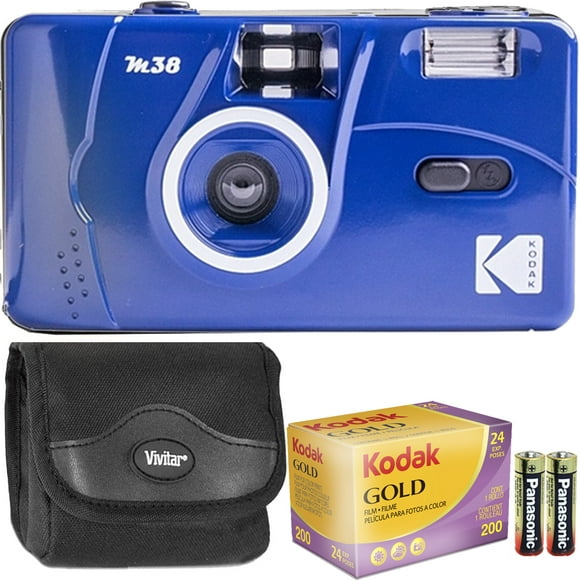 Kodak M38 35mm Film Camera - Focus Free, Powerful Built-in Flash, Easy to Use (Classic Blue) + Kodak GOLD 200 Color Negative Film 35mm Roll Film 24 Exposures + AAA Batteries + Camera Case