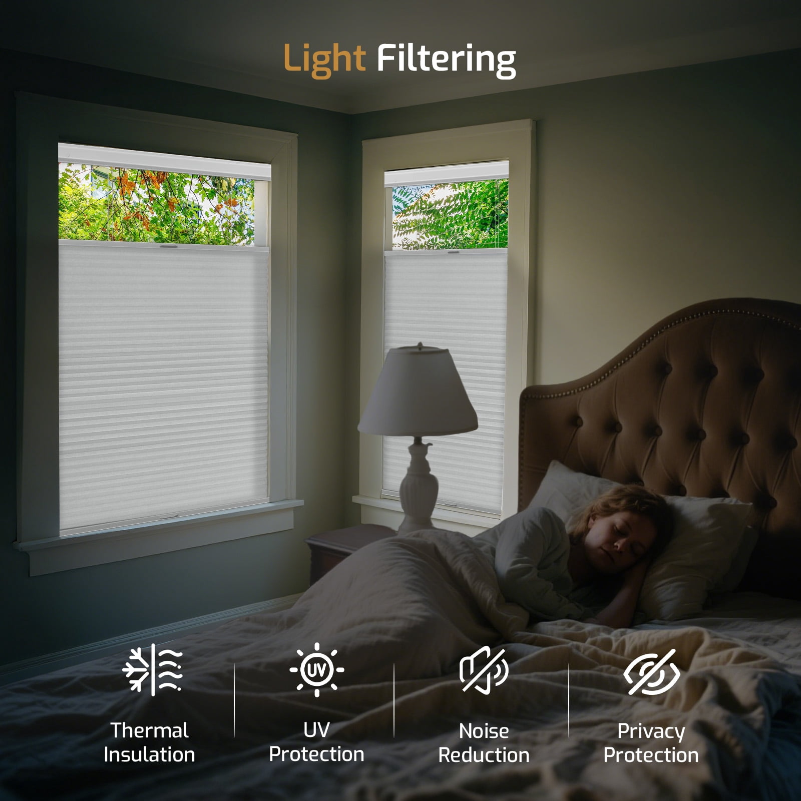 Grandekor No Drill Top Down Bottom Up Cellular Shades, 1.5 Inch Large Cell Cordless Light Filtering Honeycomb Blinds for Indoor Windows, Thermal Privacy, Rental Friendly White 35"W x 64"H