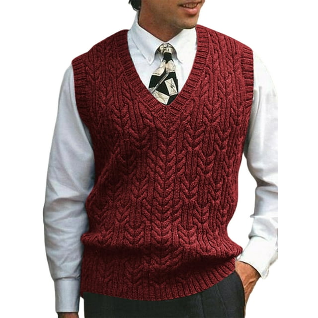 Innerwin Pull en Tricot Torsadé pour Hommes, Gilet de Vacances, Col en V, Confortable, Rouge Vin L