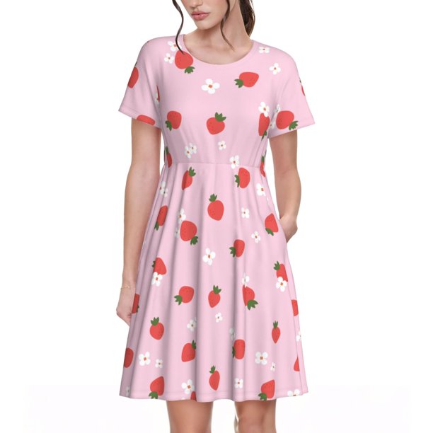 Disketp Strawberry Floral para Vestido de Manga Corta para Mujeres, Vestidos de Verano para Mujeres, Casual y Holgado para la Playa