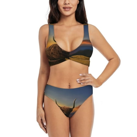 Zeuib Yak High Waisted Tummy Control Bikini Set - Knot Front Push Up Top & Cheeky Thong Bottom  Two-Piece Swimsuit for Women-Medium