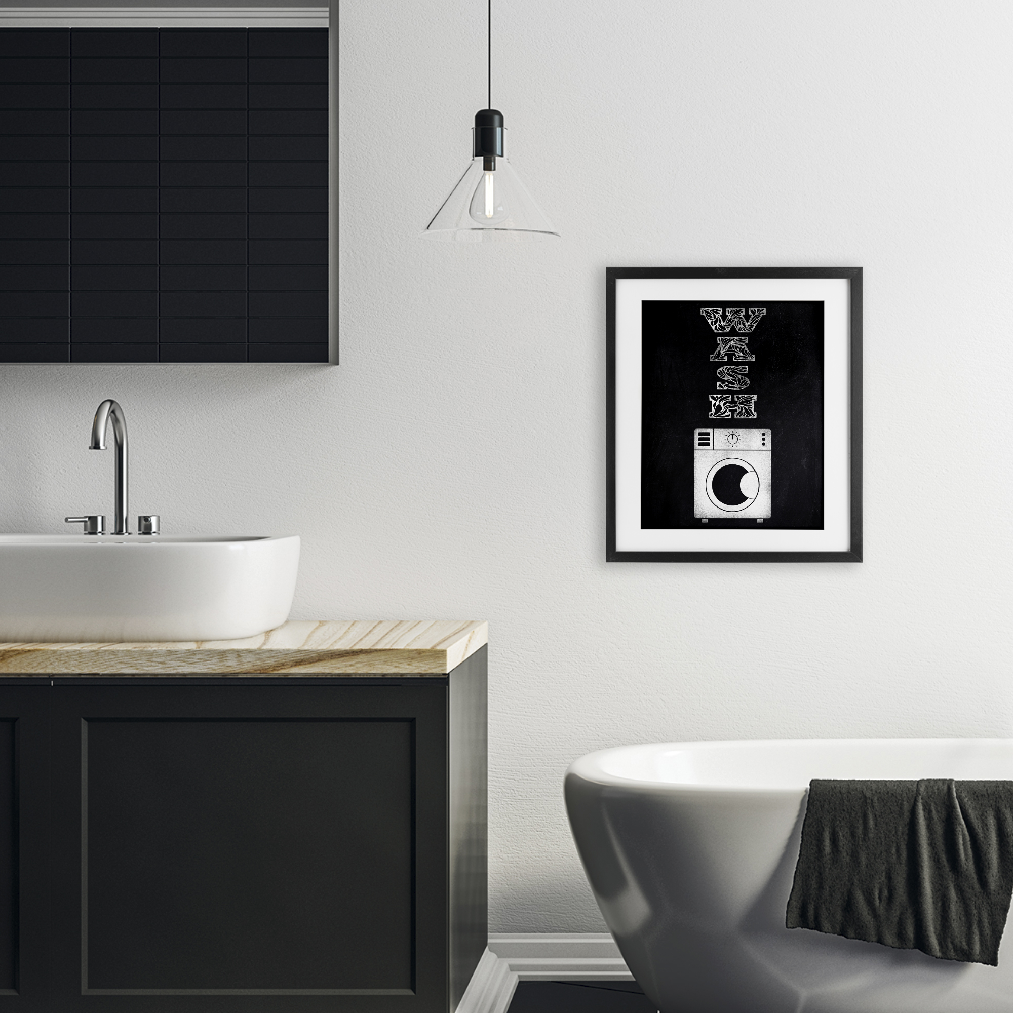 Laundry Wash Ornate Letters Black Framed Print Under Glass, design by Marcus Prime