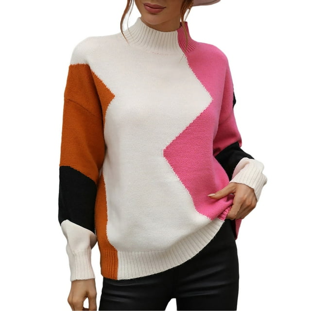 Gibobby Suéter de Cuello Alto para Mujer, Suéter De Las Mujeres De Punto Jumper Tops Dobladillo Irregular Causal De Manga Larga(Rosa caliente,CH)