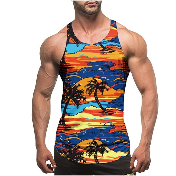 HaoXianJian Hawaiian Print Mens Sleeveless Tank Tops Workout Gym Shirts Palm Tree Vintage Style Beach Graphic T-Shirt Workout Tank Top Undershirts Plus Size S-4X