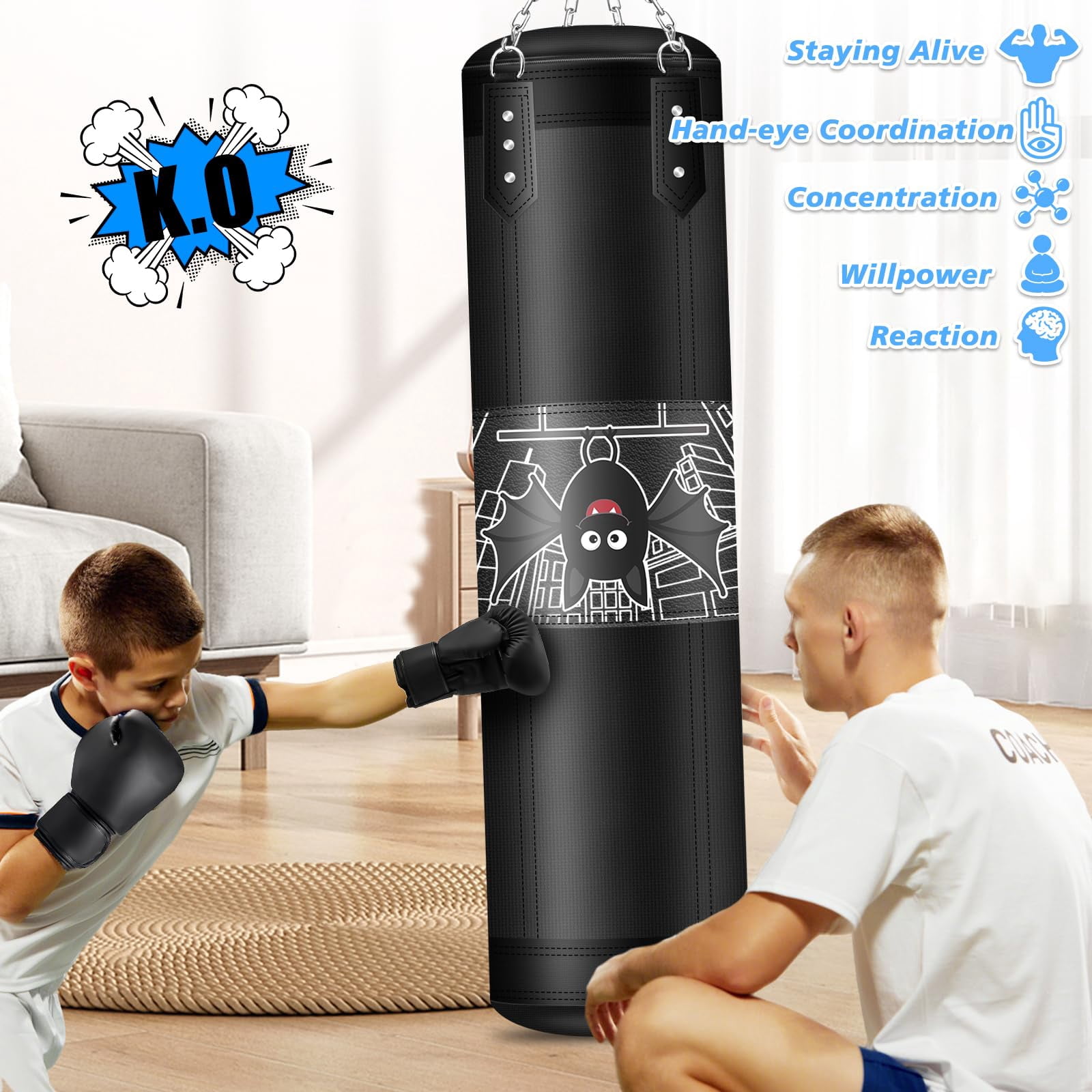 Punching Bag Set  2.75ft Filled Heavy Kickboxing With 2kg Sponge & 6oz Gloves Hanging Boxing For Mma Muay Thai Karate Martial Art Home Gym
