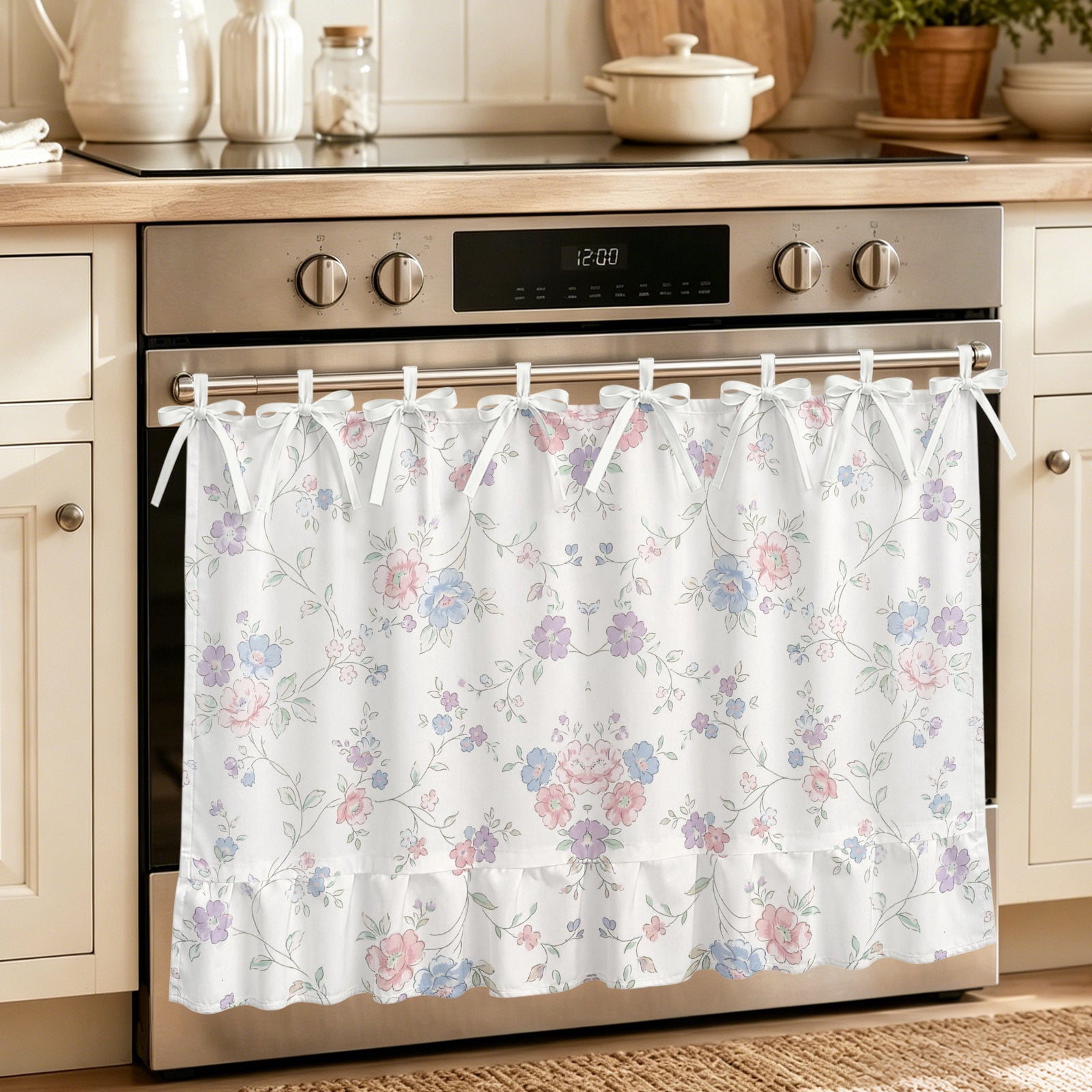 Oven Skirt Curtain for Kitchen 21.5x30 Inch Purple Pink Flowers Oven Curtain with 8 Ribbon Ties & Ruffle Trim Stove Skirt Curtain Dishwasher for Cabinets Over Sinks Farmhouse Retro Botanical Floral