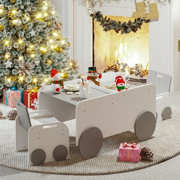 Yoneston Kids Activity Table and 2 Chairs with Car-Shaped Design, Adjustable Height Art & Craft Activity Table for Daycare Classroom Playroom, White Gray