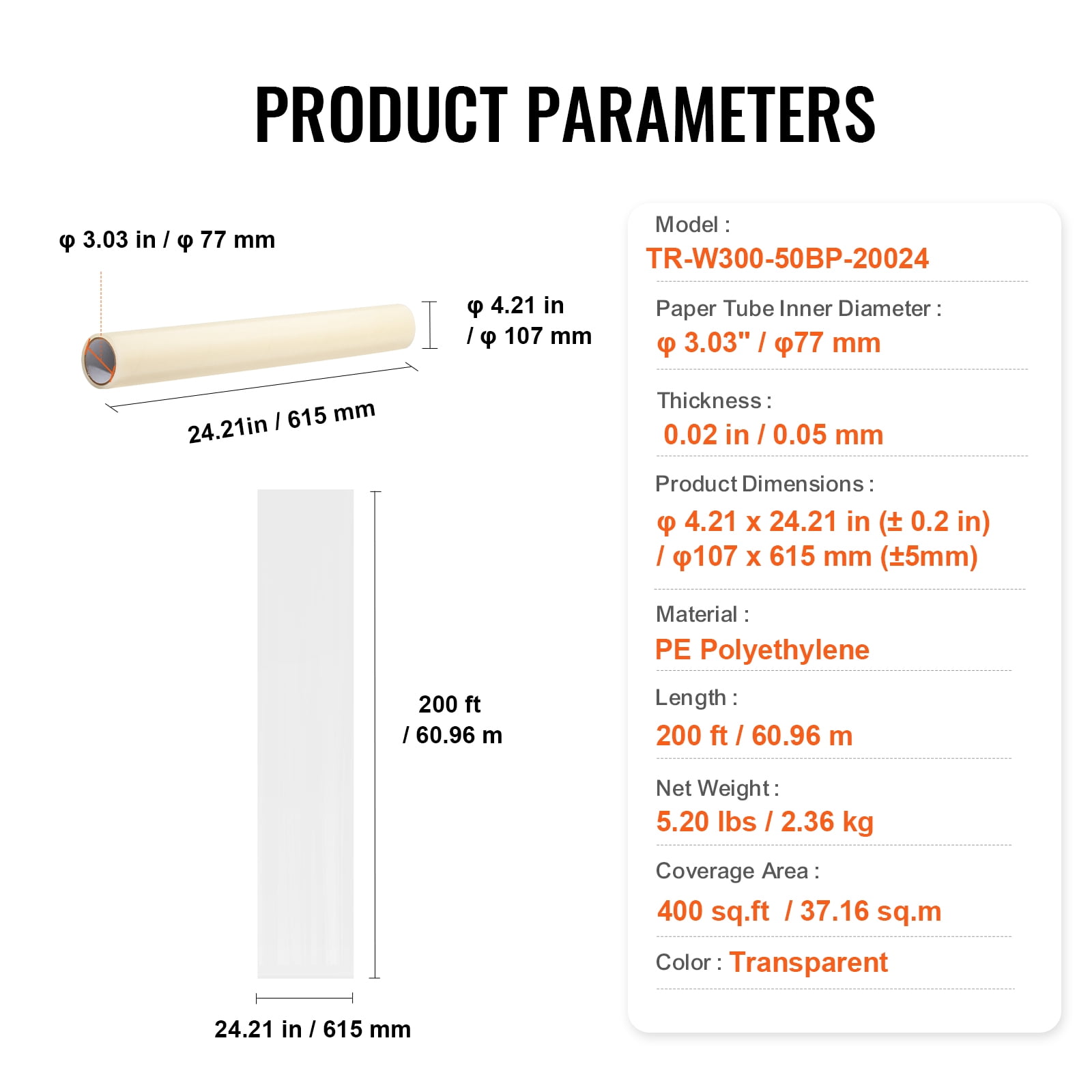SKYSHALO Carpet Guard Film, 24" x 200' Floor Cover with Stick-On Backing for Simple Setup, Polyethylene Protective Film Roll for Building & Remodeling Tasks