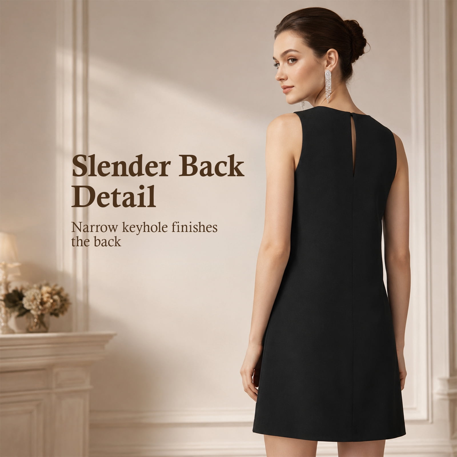 Alvantor Women's Sleeveless Mini Dress, Embellished Crew Neck A-Line Style with Keyhole Back, Black