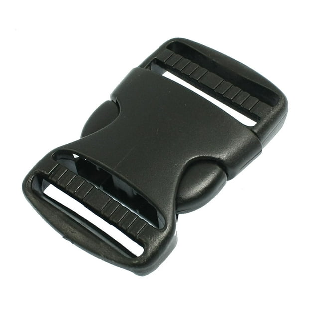 Unique Bargains 3.5cm Replacement Belt Connecting Black Plastic Quick Release Buckle made of hard plastic, shown in a close-up view. The buckle features a side quick release mechanism and fits strap widths of 3.5cm. Suitable for sewing fasteners, luggage bags, backpacks, webbing straps, and dog collars.