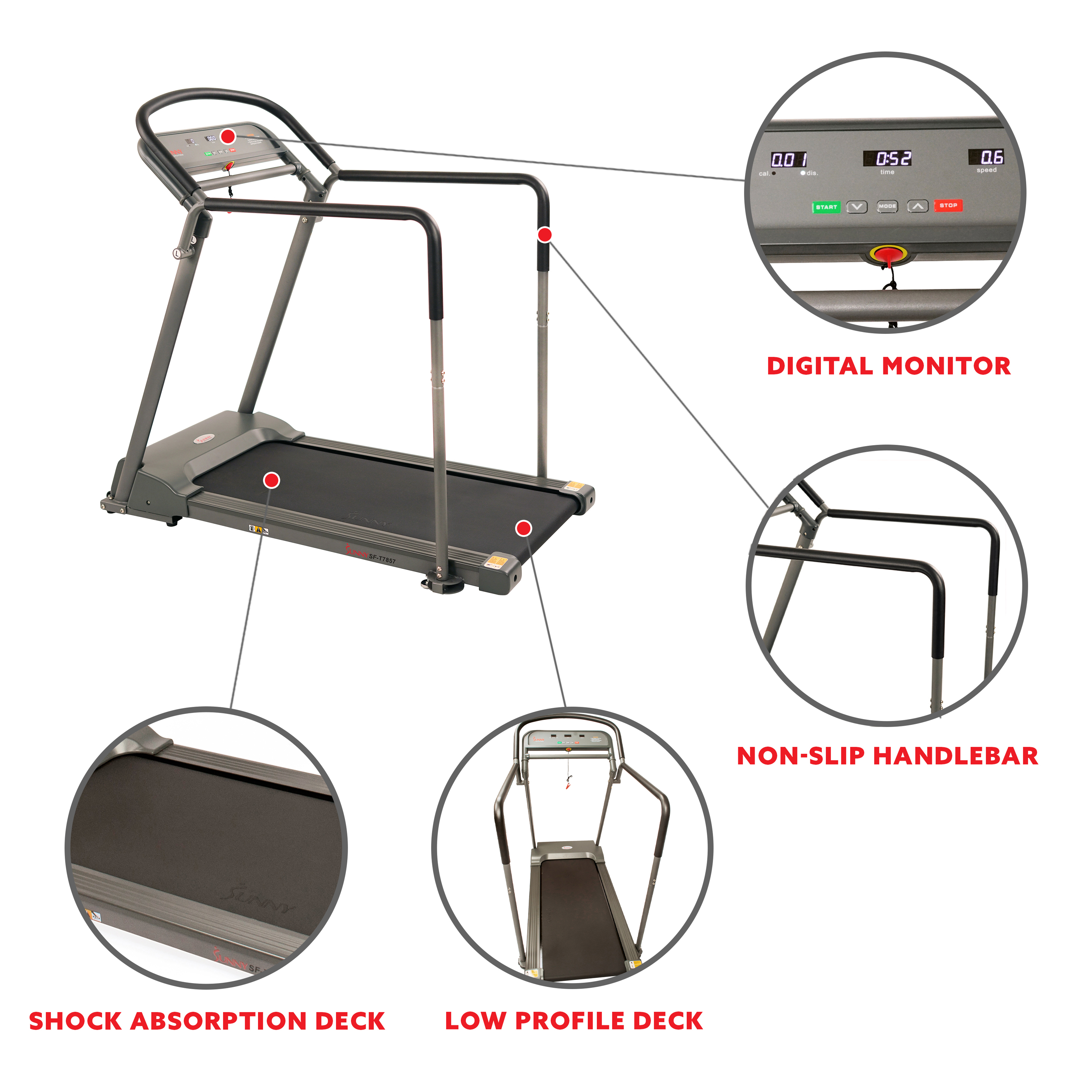 Sunny Health & Fitness Recovery Walking Pad Treadmill Machine, Low Profile Deck, Handrails for Mobility/Balance Support SF-T7857 - image 3 of 9