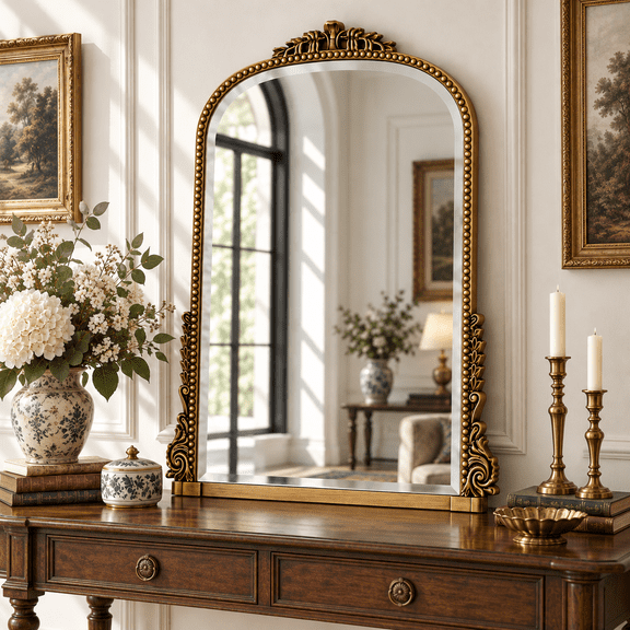 Jintevesa 32"x 24" Arched Vintage Bathroom Mirror Decor Wall Mirror Wall Mounted, Antique Gold