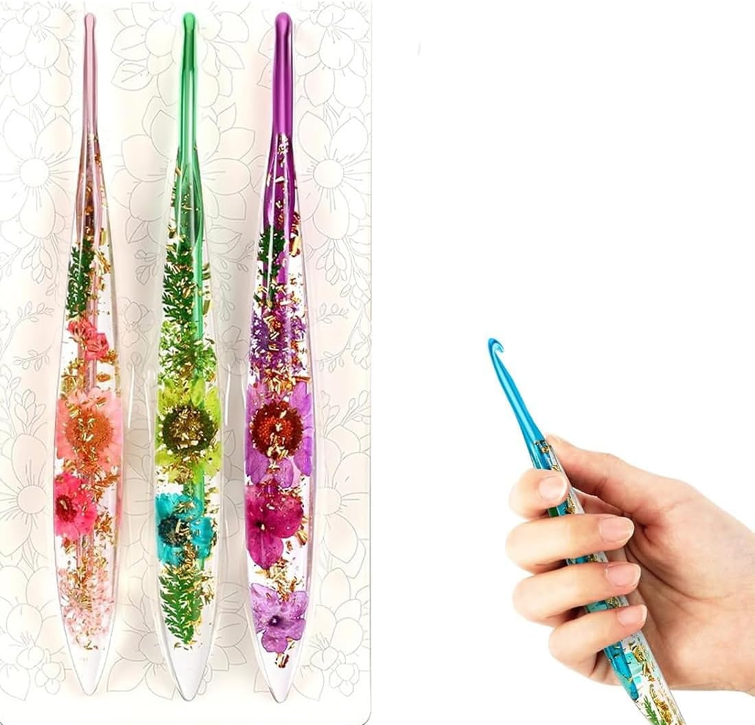 Personalized Multicolor Dried Flower Crochet Hook, Ergonomic Sewing Tool, Birthday/Mother's Day Gift, Birthday for Crochet Lovers (A)