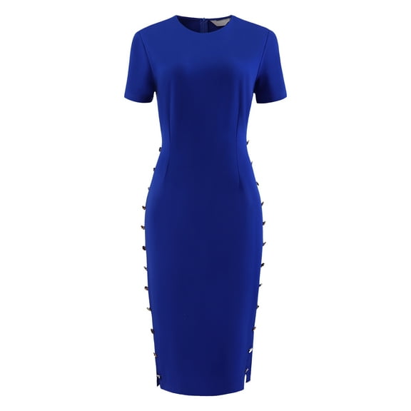 DARING DIVA Knee Length Short Sleeve Button Decor Bodycon Dress S Royal Blue