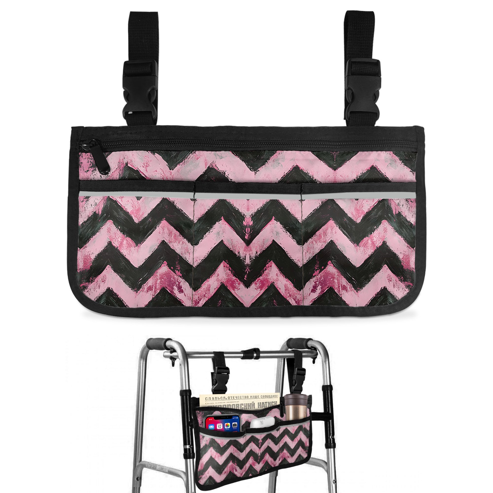 Boho Painted Waves Wheelchair Side Bag with Cup Holder, Abstract Art Pink Black Graffiti Jagged Edges Wheelchair Armrest Bag Storage Pouch Adults, Seniors for Walkers, Rollator, Scooter