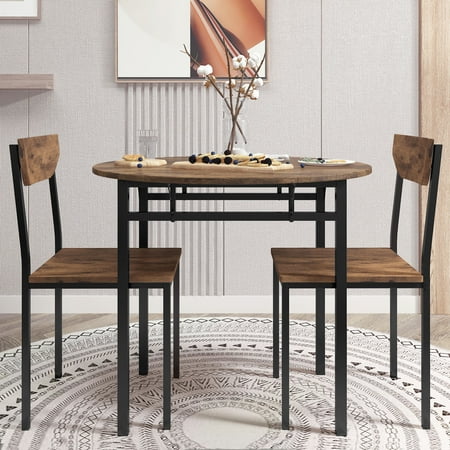 TOPMAX Modern 3-Piece Round Dining Table Set with Drop Leaf and 2 Chairs for Small Places Black Frame+Rustic Brown Finish