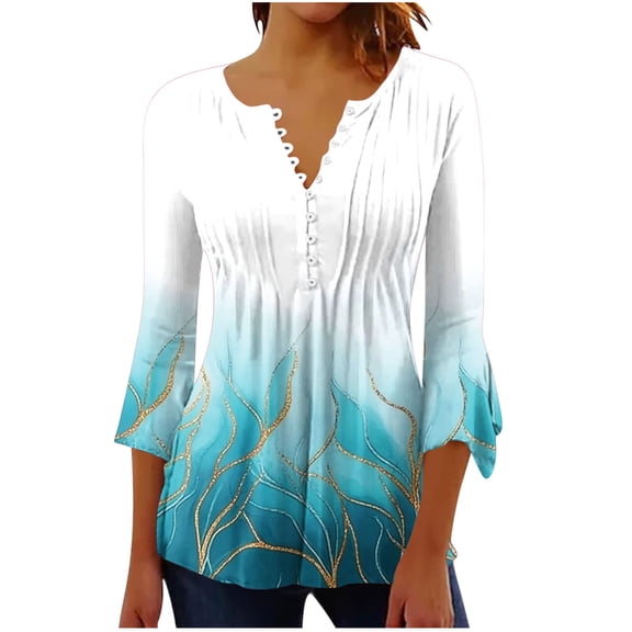 CYMMPU 3/4 Sleeve Blouses for Women Dressy Casual Button V Neck Summer Trendy Shirts Tunic Tops Flower Pattern Loose Fit Spring Tops Empire Waist A Line T-Shirts XXL