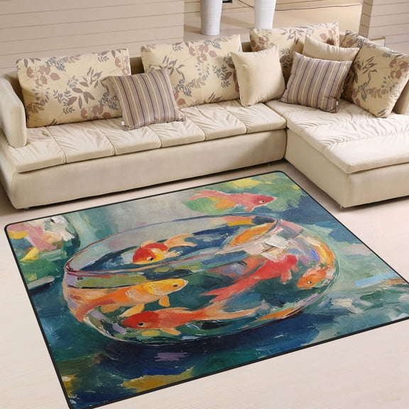 Yayeee Area Rugs for Living Room 5.2'x4' Non Slip Washable Bedroom Floor Carpet, Green Goldfish