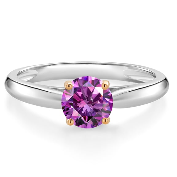 Gem Stone King 925 Sterling Silver with 10K Yellow Gold Fancy Purple Zirconia Solitaire Engagement Ring for Women (0.84 Cttw, Gemstone Birthstone, Round 6MM, Available in Size 5, 6, 7, 8, 9)