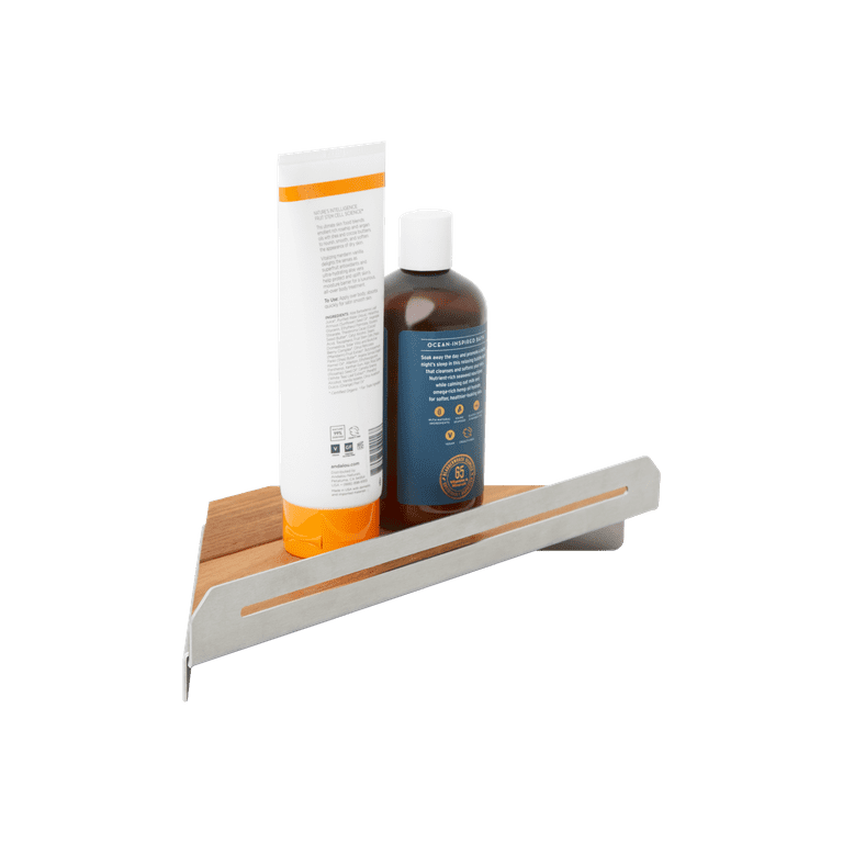 Floating Corner Shower Shelf with a Natural Teak Wood Insert - Seachrome