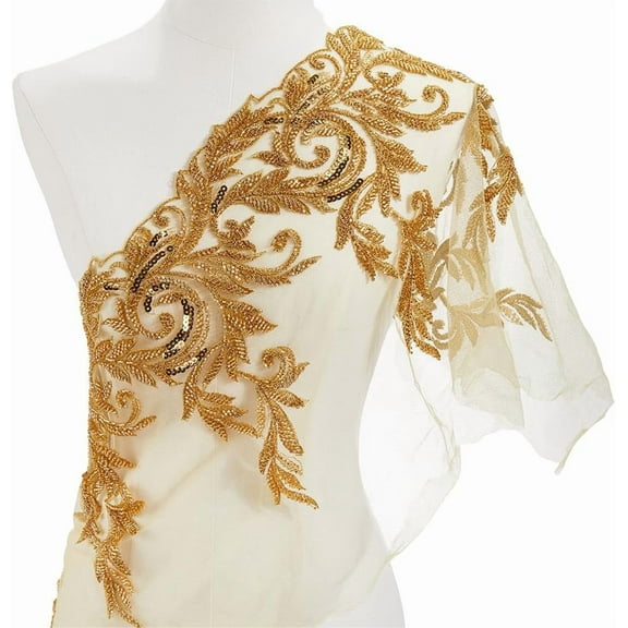 1 Yard Gold Embroidery Flower Patches Sew On Lace Fabric Shiny Sequin Floral Leaf Appliques Glass Beaded Tulle Vintage Cloth for Sewing Making Clothing Accessories Ornament Wedding Party Diy 1pc