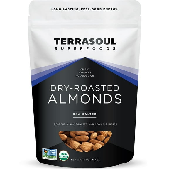 Terrasoul Superfoods Organic Dry-Roasted & Lightly Salted Almonds, 1 Lb - Resealable Pouch - Perfect for Snacking, Baking, and On-the-Go Fuel
