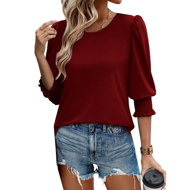 Liquidation d'Économies d'Été! Fatuov Hauts pour Femmes Mode Couleur Unie T-Shirts à Col Rond T-Shirts à Manches 3/4 Hauts Coupe Ample Hauts Rouge