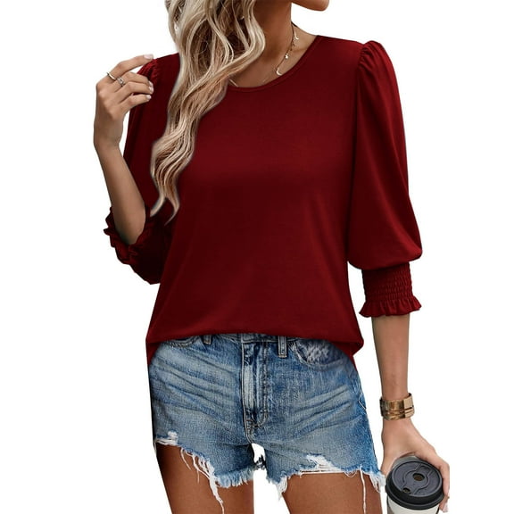OKSALE Blouses for Women Dressy Casual 3/4 Length Sleeve Tops with Smocked Cuffs Loose Fiting Round Neck T Shirt 2025 Daily T-Shirts