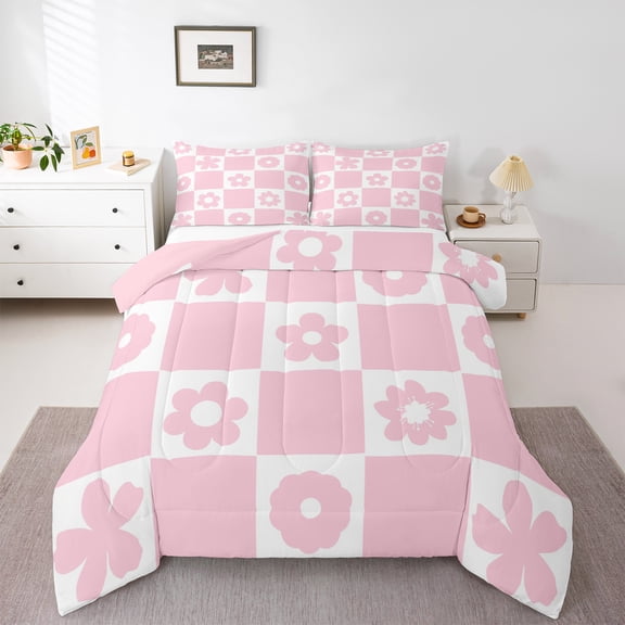 Homewish Cartoon Pink Flowers 2pcs Bedding Comforter Set for Female Men Teens,Retro Vintage Floral Twin Comforter Sets,Geometric Grid Buffalo Breathable Bedding Set,Microfiber Bedroom Decor