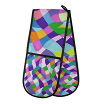 Yayeee Double Oven Mitt Kitchen Heat Resistant Baking 35" x7" Quilted Glove, Green Wavy Plaid