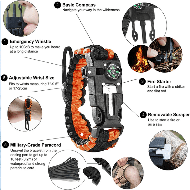 Junsice Paracord Survival Bracelet (Pair)-Flint & Steel Fire Starter, Whistle, Compass, Adjustable Band Size For Camping, Bushcraft, Emergency Kit (Bl