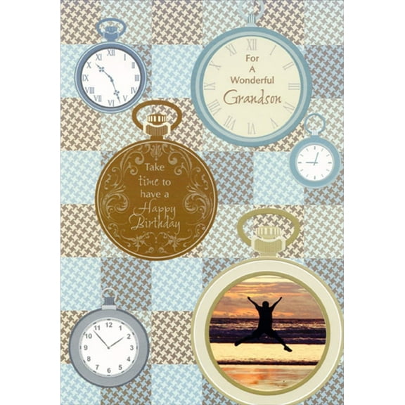 Designer Greetings Stop Watches and Jumping Silhouette Grandson Birthday Card