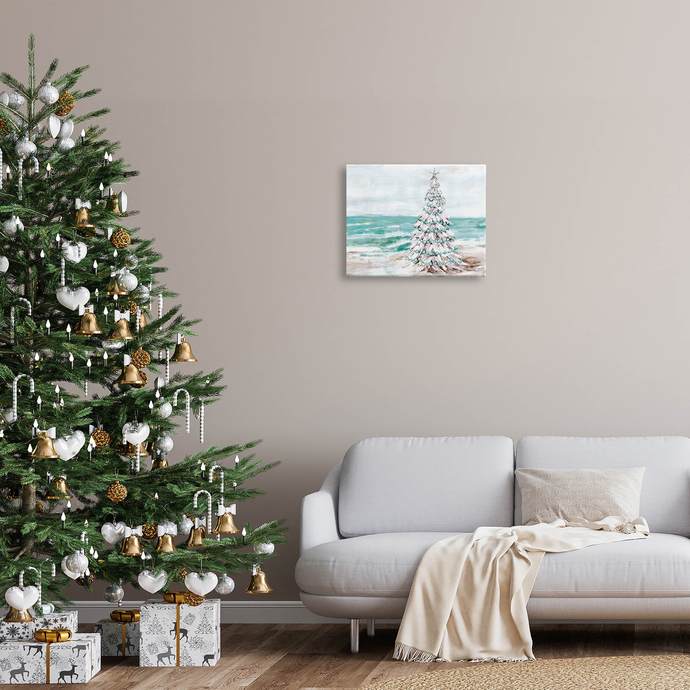 Snowy Christmas Tree Beach Shore Holiday Painting Gallery Wrapped Canvas Print Wall Art