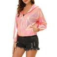 thumbnail image 5 of INSPIRE CHIC Women's Jacket Shiny Long Sleeve Lightweight Zipper Hooded Metallic Jacket M Pink Holographic, 5 of 8
