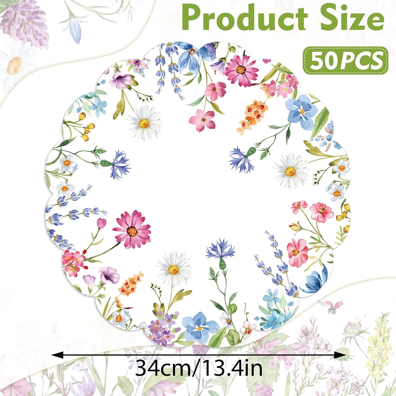 BAN 50Pcs Floral Round Paper Placemats,13.4 Inch Wildflower Disposable Place Mats Summer Scalloped Table Mats for Kitchen Dining Birthday Banquet Wedding Party Supplies