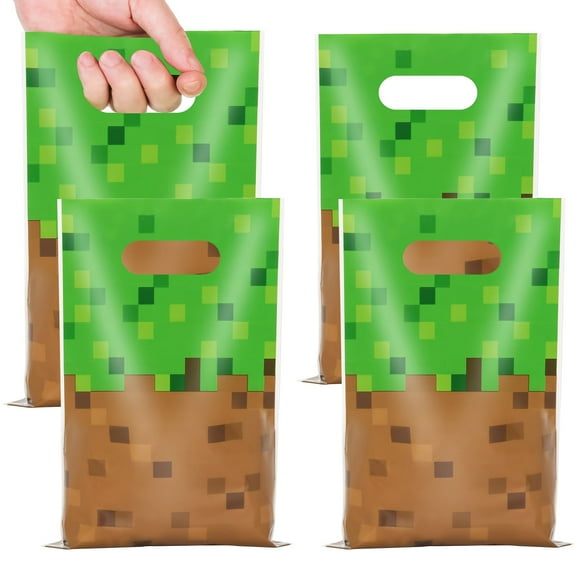 Fluffernut 50PCS Pixel Party Favor Bags, Green and Brown Video Game Theme Birthday Party Goodies Candy Snack Treat Bags