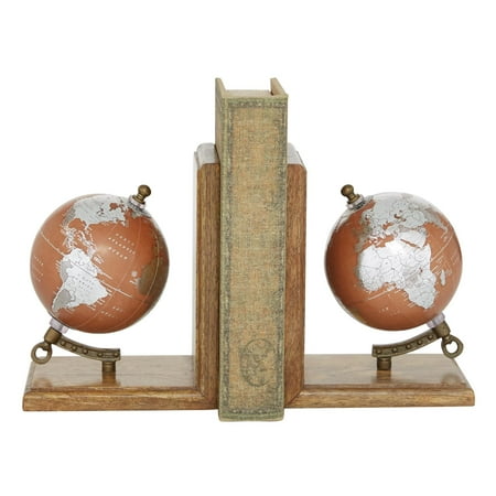 DecMode 6" Globe Brown Wood Bookends (Set of 2)