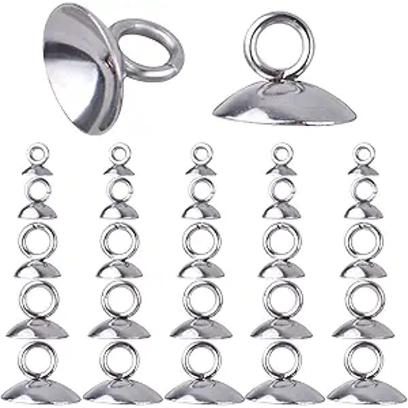 50pcs 5 Sizes Bead Cap Pendant Bails Stainless Steel Round Bails Caps Bead Caps with Loop Dangle Charm Bead Connectors for Jewelry Necklace Bracelet Making