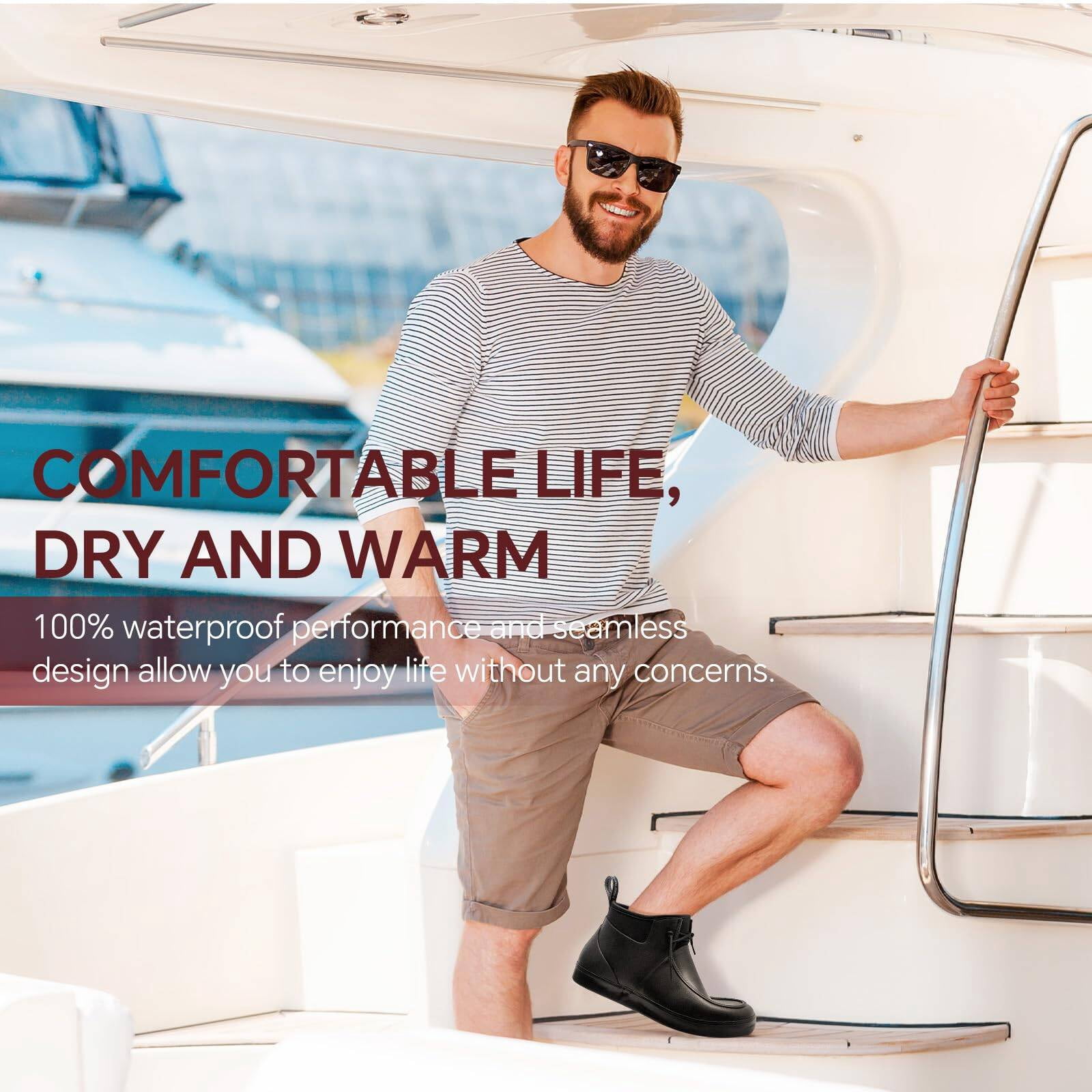 Deck Boots for Men Waterproof Rain Boots Durable Rubber Boots Comfortable Fishing Loafers Slip On Moc Toe Shoes Non Slip Boat Shoes for Fishing, Gardening, Daily, Working, Sailing
