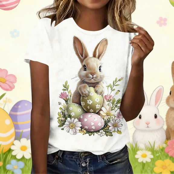 Pxxlle Women's Easter Tshirts Funny Bunny Eggs Graphic Tees Plus Size Short Sleeve Crewneck Holiday T Shirts XXXXXL