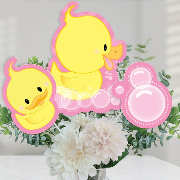 Big Dot of Happiness Pink Ducky Duck - Baby Shower or Birthday Party Centerpiece Sticks - Table Toppers - Set of 15