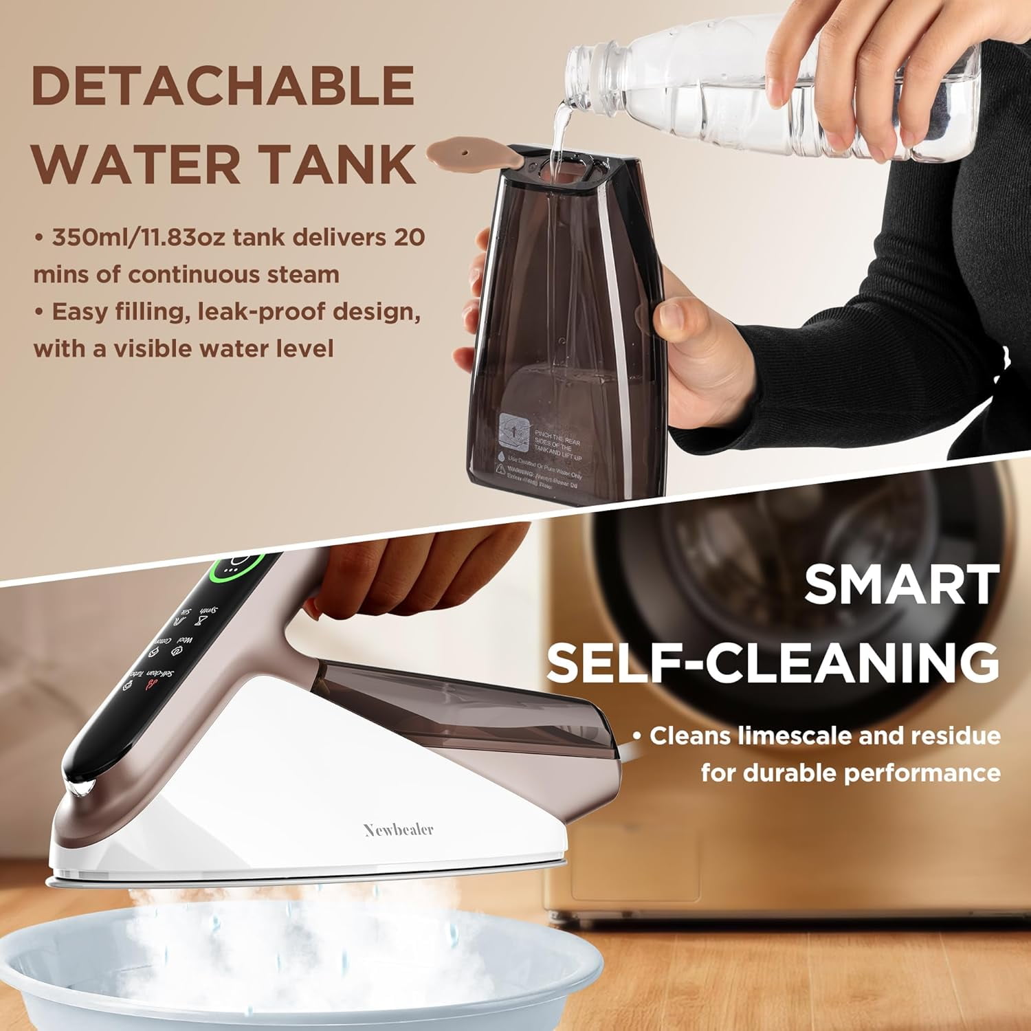 Newbealer Steam Iron for Clothes,2 IN 1 1500W Turbo Iron and Steamer,Burst of Steam,2 Bar Pressure Clothes Iron, 4 Steam & 4 Dry Heat Modes,Auto-Off,Self-Cleaning