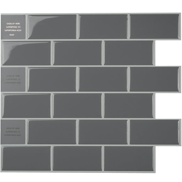 Smart Tiles Peel and Stick Backsplash Wall Tiles, Subway Dark Grey , 10pcs, 10.95in x 9.7in