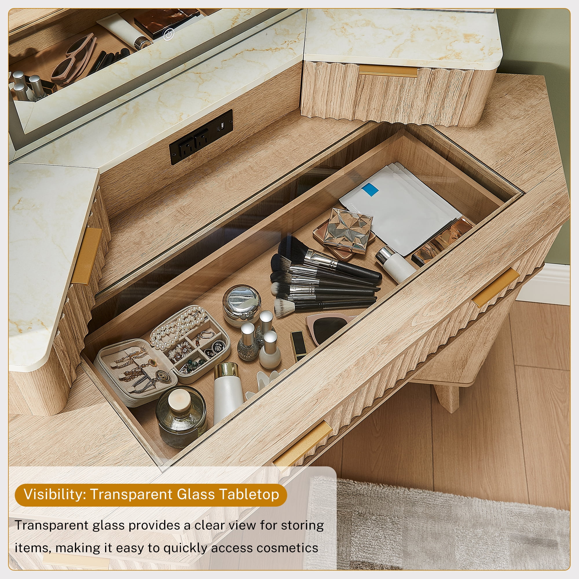 OKD 48" Fluted Makeup Vanity Desk with HD Triple Mirror and Lights, Modern Corner Vanity with 3 Drawers & 2 Cabin ets, Charging Station - Natural Oak