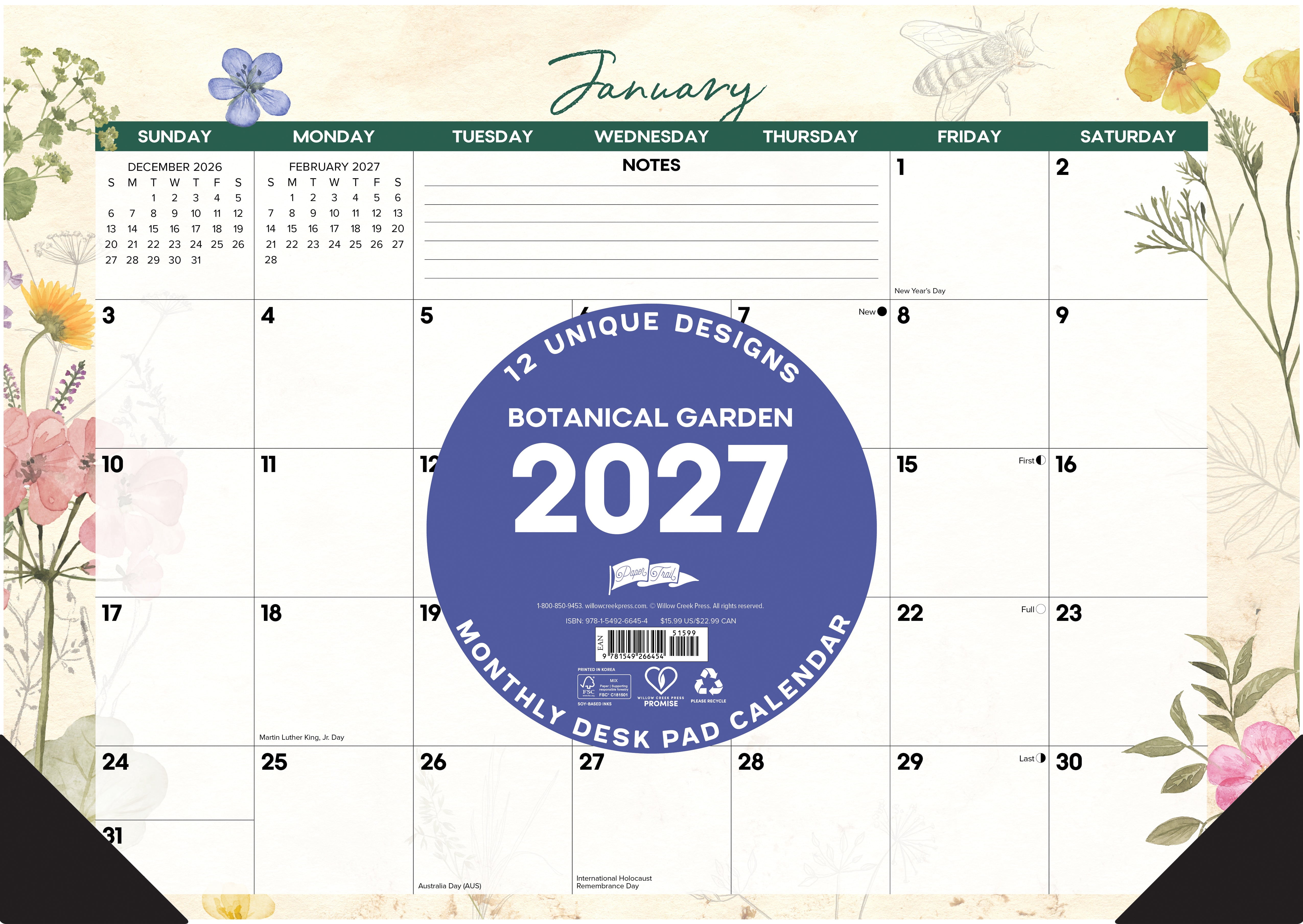 Willow Creek Press Botanical Garden 2027 17" x 12" Small Monthly Deskpad (66454)